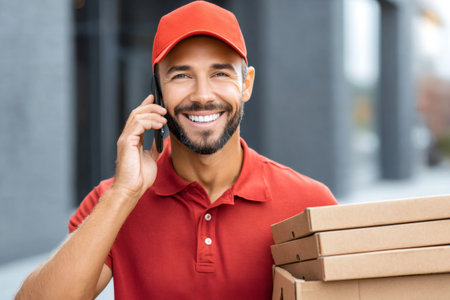 Smiling courier in uniform holding pizza boxes and talking on the phone, delivering fast foodの素材