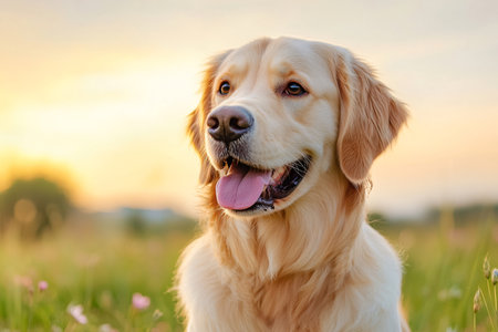 Happy golden retriever dog sitting in a blooming green field during bright sunsetの素材