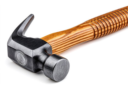 Claw hammer with a textured wooden handle and metal head on a white backgroundの素材