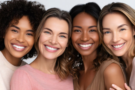 Group of smiling women of different ethnicities showing diversity and healthy skinの素材
