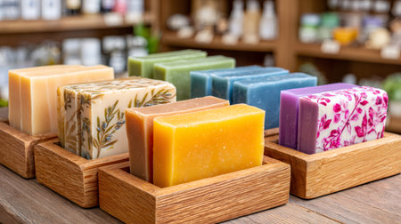 Colorful artisanal soap bars displayed in a store promoting natural wellness and organic skin careの素材