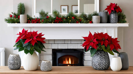 Poinsettia plants and garland enhancing a cozy holiday fireplace in a modern living roomの素材