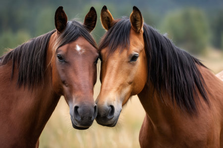 Two horses standing close together in a field, showing signs of friendship and tendernessの素材