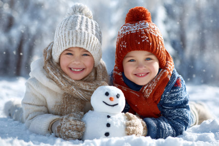 Children lying in the snow outdoors smiling with a small snowmanの素材
