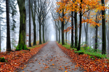 Forest path lined with fall trees and vibrant autumn leaves disappearing into the foggy distanceの素材