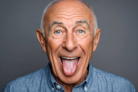 Elderly man making a silly face and sticking his tongue out enjoying a funny momentの素材