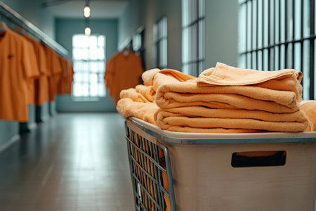 Stacks of soft orange towels sit in a laundry cart in a facility hallwayの素材