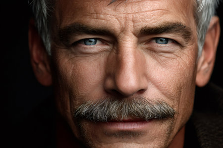 Mature man with a mustache presenting wisdom and experience on his faceの素材