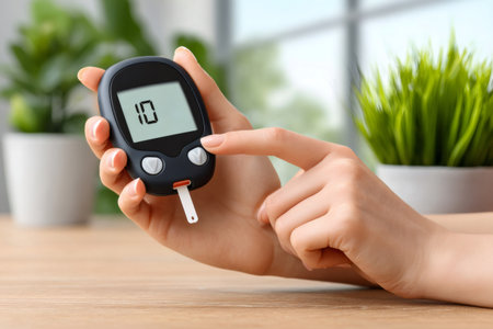 Woman holding a glucometer, checking her blood glucose level on the digital displayの素材