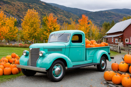 Old turquoise truck loaded with orange pumpkins at a rustic farm during fallの素材