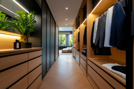 Spacious wooden walk in closet with organized clothes and built in lighting leading to a bright bedroomの素材