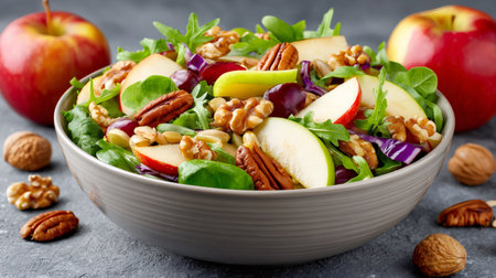 Fresh salad in a bowl, featuring crisp apples, walnuts, pecans, and leafy greensの素材