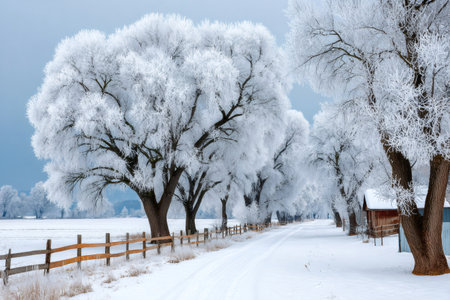 Hoarfrost trees creating a beautiful winter landscape along a snow covered rural road and fenceの素材