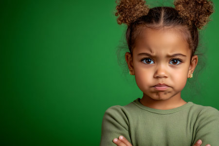 Young girl with curly space buns standing against a green background, showing stubborn emotionの素材