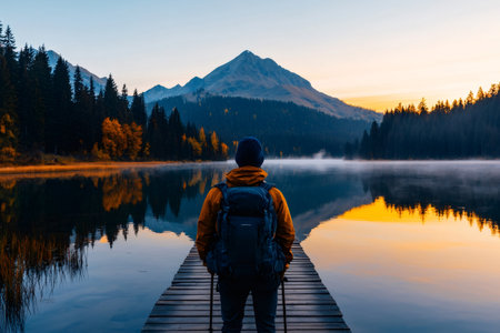 Hiker standing on a wooden pier enjoying the tranquil mountain lake reflection and scenic autumn dawnの素材