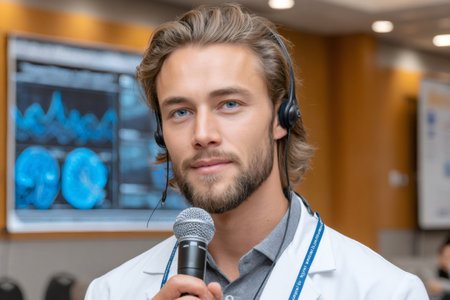 Young male doctor speaking confidently into a microphone and wearing a headsetの素材