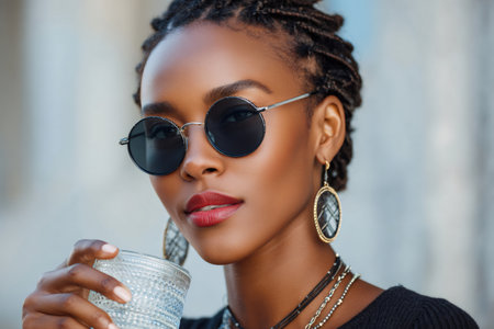 Stylish black woman with braids, red lipstick, and oversized earrings drinking from a glassの素材