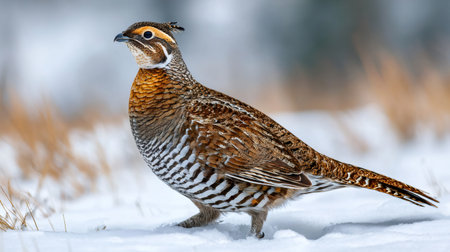 Ruffed grouse standing cautiously on a snow covered field during winter with dry grassの素材