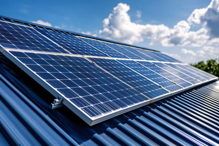 Solar panels are collecting sunlight, producing sustainable electrical power on a blue metal roofの素材