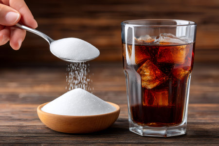 Hand pouring white sugar onto a pile, showing unhealthy high calorie beverageの素材