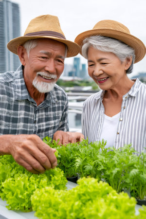 Senior asian couple enjoying growing organic vegetables on a city rooftop hydroponic gardenの素材