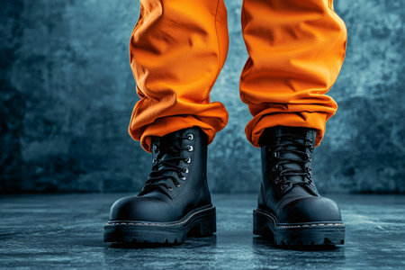 Inmate standing in protective work boots and bright orange uniformの素材