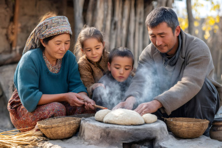 Family members outdoors together, preparing and baking traditional bread on an outdoor stoveの素材