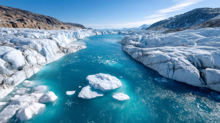 Greenland glacier calving into a river, showing floating ice and surrounding rugged landscapeの素材