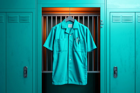 Turquoise scrubs hanging inside an open locker, representing healthcare worker lifeの素材