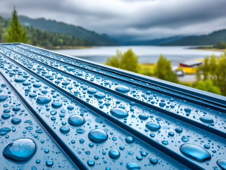 Blue metal roof shedding rainwater in a serene natural landscapeの素材