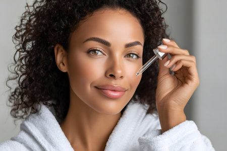 Smiling woman applying a cosmetic serum to her cheek with a pipetteの素材