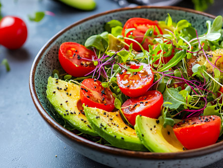 Fresh salad bowl filling with avocado slices, cherry tomatoes, and microgreensの素材