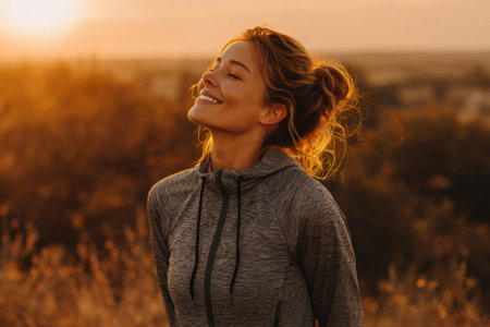Young woman smiling with closed eyes, embracing nature and golden hour lightの素材