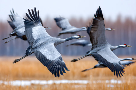Common cranes flying in formation against a muted sky over a reedy landscapeの素材
