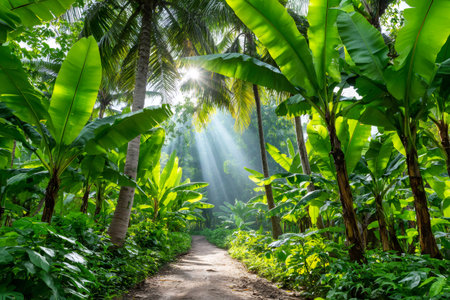 Jungle path winding through lush tropical vegetation with sunlight streaming through the leavesの素材