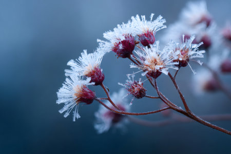 Delicate frost crystals adorning a dried plant in a cold winter sceneの素材