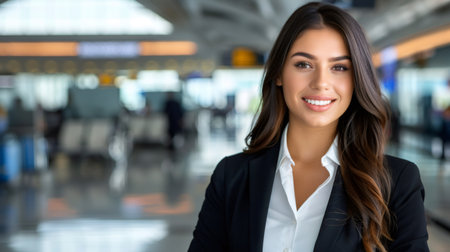 Confident young businesswoman smiling while waiting for travel at a modern airportの素材