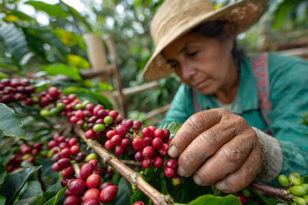 Woman's hand harvesting coffee beans from a plant, showing agriculture and sustainable laborの素材