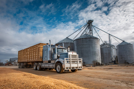 Semi truck loaded with harvested grain driving on a rural property next to large silosの素材