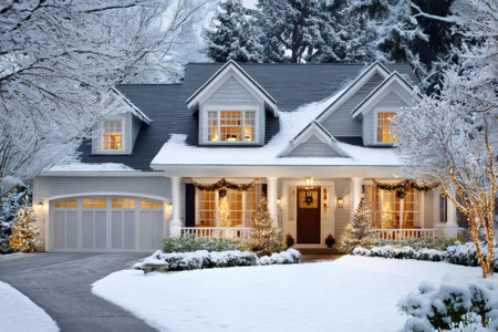 House covered in snow, decorated with festive Christmas lights and garlandsの素材