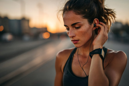 Young woman adjusting wired earphones, preparing for a run in the city during sunsetの素材