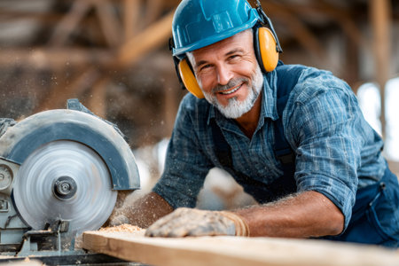 Smiling man wearing safety gear cutting wood in a workshop with a circular sawの素材