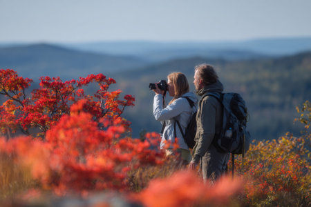 People enjoying nature, exploring, and taking pictures during a hike in fallの素材