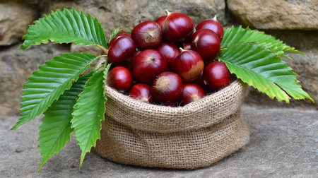 Harvested chestnuts filling a sack with fresh green leaves on a stone floorの素材