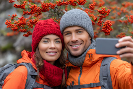 Happily smiling couple hiking and taking a selfie with a smartphone among vibrant berriesの素材