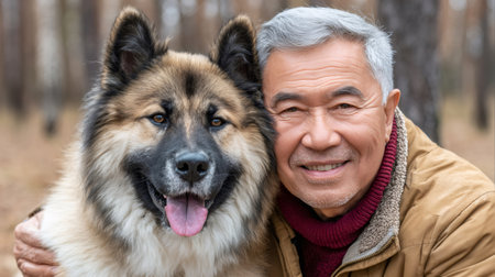 Senior man smiling with his large companion dog, enjoying their friendship outdoorsの素材