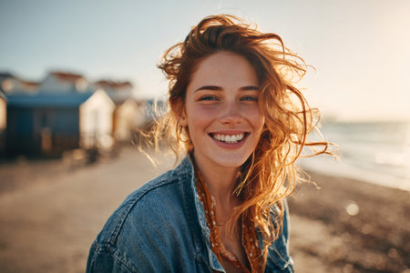 Young woman with red hair and freckles smiling, standing on a beach with colorful hutsの素材