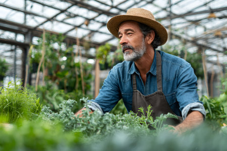 Mature man in straw hat working with organic plants in a commercial greenhouseの素材