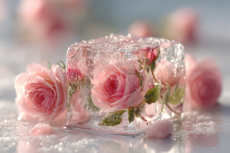 Delicate pink roses preserving beauty inside a clear ice cubeの素材
