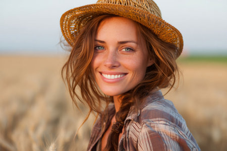 Young woman with straw hat and freckles smiling, standing in a sunny wheat fieldの素材